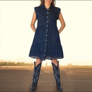 TAES Blue Textured Cap Sleeve Button-Front Tiered Mini Dress - Size S‎
